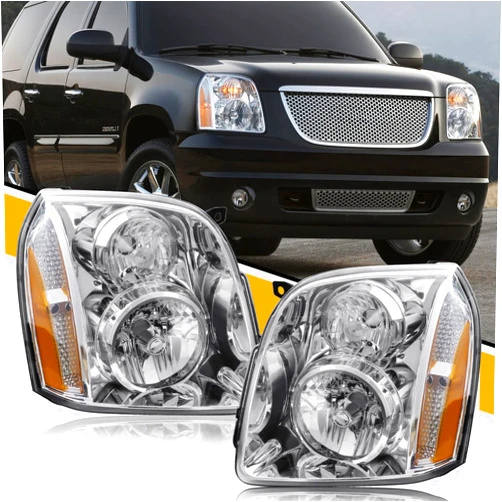 CLERYYE Headlight Assembly Compatible with GMC Yukon XL 1500 2500 [Denali Style] SUV 2007-2014, Halogen Head Lamp Replaces 20969896 20969897, w/o bulb, Chrome Housing+Amber, Left+Right, Pair