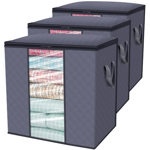 WISELIFE Storage Bags [3 Pack/100L] Large Blanket Clothes Organization and Storage Containers for Comforters,Bedding, Foldable Organizer with Reinforced Handle, Clear Window, Sturdy Zippers,Gray
