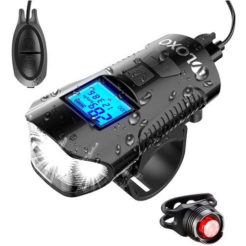 VLOXO Bike Speedometer with Bike Light Set, IPX7 Waterproof Bicycle Computer with Horn LED Front & Tail Light, USB Rechargeable
