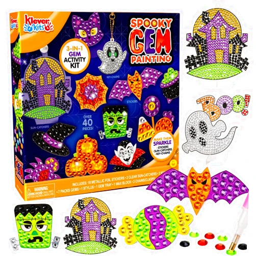Klever Kits Halloween Gem Art Kit, Kids Halloween Art Crafts Party Supplies, Diamond Painting Kit with Stickers, Suncatchers, and Keychains, Party Favor DIY Activities School Game Goodies Gift
