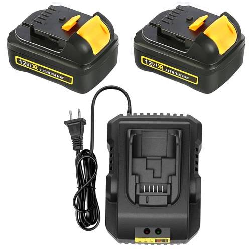 APTOOLER 3.0A 2 Pack DCB120 Battery with DCB112 Charger Compatible with Dewalt 12V Battery DCB123 DCB127 DCB122 DCB124 DCB121 Power Tools Batteries Replacement DCB105 DCB107 DCB101 DCB115 Charger (Yellow)