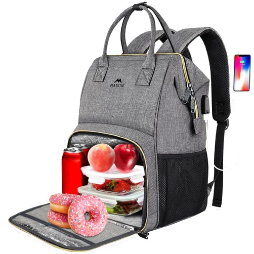 MATEIN Work Backpack Woman, 15.6 Inch Laptop Backpack with USB Port for Women, Water Resistant Lunch Backpack Insulated Cooler Backpack Lunch Box Bag Cool Gifts for Nurses Work College Picnic, Gery