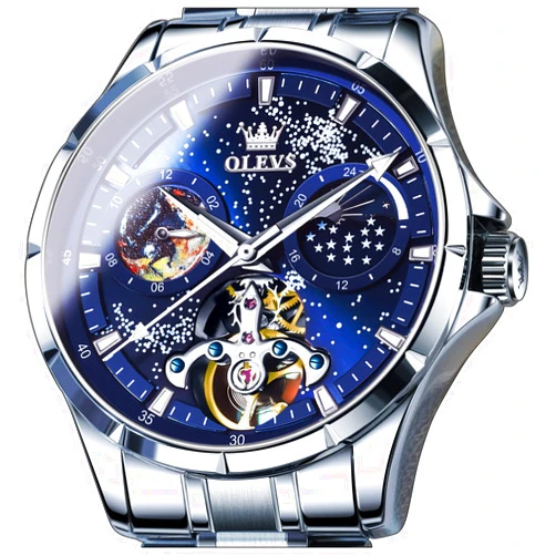 OLEVS Men's Automatic Mechanical Watches Luxury Dress Waterproof Self Winding Moon Phase Chronograph Stainless Steel Luminous Date Tourbillon Wristwatch for Men