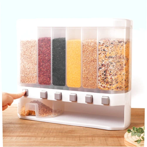 CherHome Grain Dispenser with Measuring Cup，Dry Food Dispenser Snack Dispenser Rice Dispenser for Kitchen Organizing，Kitchen Storage 25 Pounds Food Dispensers，6 Grid