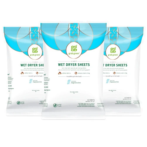 Grab Green Wet Dryer Sheets, 96 Count, Fragrance Free, Plant Based, Softens Fabrics, Reduces Static Cling and Wrinkles