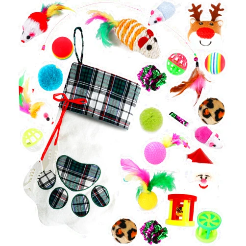 PartyGalore Cat Christmas Stocking with Toys for Cats and Kitten, Cat Christmas Stocking Stuffers 22 Assorted Toys Gift Set, Medium Breeds