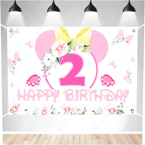 BECKTEN Cartoon Mouse Pattern Happy 2nd Birthday Banner Backdrop Beautiful Pink Flowers Theme Background Decor for Girls Princess Second Birthday Party Favors Decorations Supplies 70.8x47.2in-BECKTEN