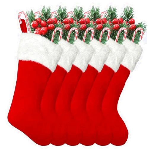 LinaGarten 6Pack Red Christmas Stockings Traditional 20 Inch Large Vintage Christmas Stocking Polyester Plush Luxury Xmas Stocking for Family Holiday Party Decor and Xmas Tree Fireplace Mantle Pet