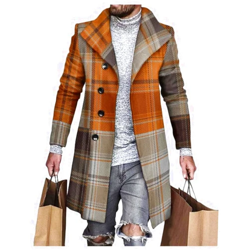 LOAIHA Men's Casual Trench Coat Fashion Plaid Splicing Single Breasted Mid Length Peacoat Fall Winter Warm Jacket Outwear