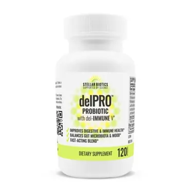 Stellar Biotics - delPRO PROBIOTIC (Enhanced with del-Immune V) - Balances Immune System, Gut Health, and Mood (120 Capsules)
