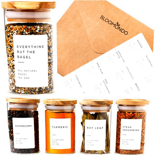 Bloomondo 160 Waterproof Spice Jar Labels Preprinted 2.1x1.6in Spice Label for Empty Spice Jars. 112 Spice Labels Stickers, 8 Blank Pantry Labels and 40 Expiry Labels for Seasoning Containers