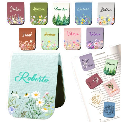 PFTPOW Personalized Name Leather Magnetic Bookmark, Custom Magnetic Bookmark Clip with Birth Flower, Customized Bookmarks Gifts for Women Book Lovers - Flowerbed