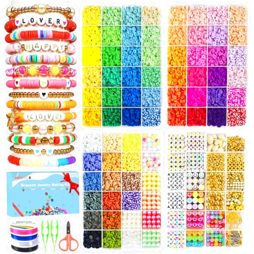 Redtwo 18000 Pcs Clay Beads Bracelet Making Kit, 4 Boxes 64 Colors Flat Polymer Heishi Jewelry with Gift Pack, Friendship Bracelet for Girls Ages 8-12