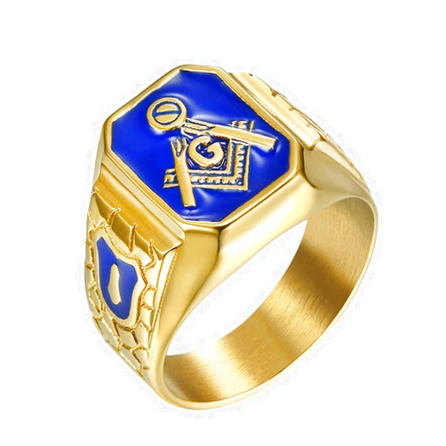 IFUAQZ Men's Stainless Steel Gold Plated Freemason Symbol Masonic Rings Blue G Lodge Master Mason Signet Biker Band