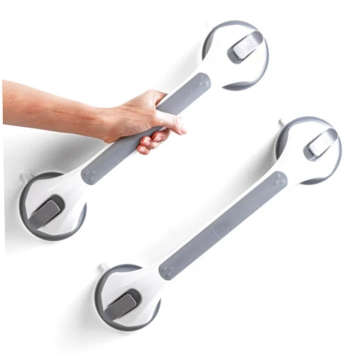 LEVERLOC 2 Pack Shower Grab Bars for Bathtubs and Showers, Easy to Install Suction Shower Handles for Bathroom Removable Handrails for Seniors Elderly Heavy Duty Safety Grip Waterproof Drill Free Gray