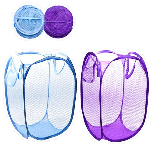 RZJZGZ Foldable Pop-Up Mesh Laundry Hamper with Side Pocket Clothes Laundry Basket Storage Bag with Carry Handles for Dirty Clothes (2 Pack)