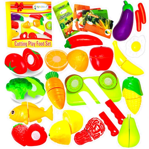 FUNERICA 37 PCS Cutting Play Pretend Food for Kids, Cuttable Fruits and Vegetables Kitchen Toy Accessories Set with Knives, Cutting Board, Plates, Educational Gift for Toddlers, Kids, Boys, Girls