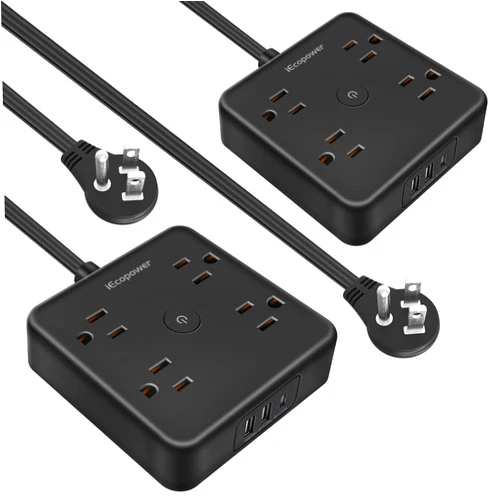 IECOPOWER 2 Pack Ultra Flat Plug Power Strip,Power Strips with Surge Protection-4 Widely Outlets,6 ft Flat Plug Extension Cord with 3 USB Ports(1 USB C Port),Slim Desk Charging Station,Black