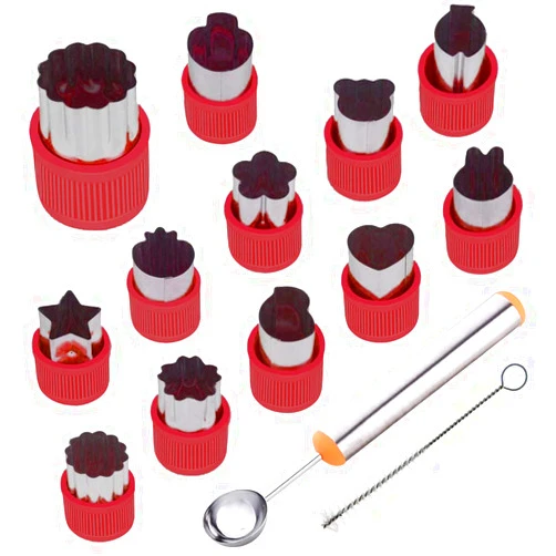 TIMGOU 12 Pcs Vegetable Fruit Cutter Shapes Set with Melon Baller Scoop and Cleaning Brush, Mini Pie Cookie Stamps Mold for Kids Crafts Baking and Food Supplement Tools for Kitchen-Red