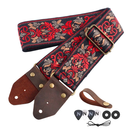 Nefelibata Guitar Strap,Jacquard Embroidery Cotton Guitar Straps with Crazy Horse Leather Leather Ends for Bass, Electric & Acoustic, Best Gifts for Kids, Guitarists(Retro Red Flower)