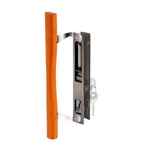 Prime-Line C 1032 Keyed Sliding Glass Door Handle Set – Replace Old or Damaged Door Handles Quickly –Wood and Black Painted Diecast, Hook Style, Flush Mount, Fits 6-5/8 in. Hole Spacing (1 Set)