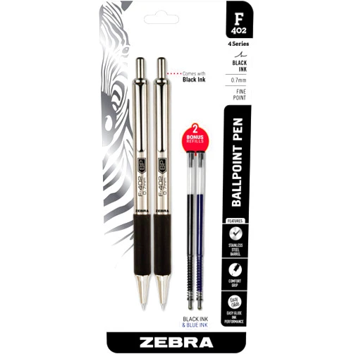 Zebra Pen Fine Point F-402 - Ballpoint - Stainless Steel - 0.7mm - 2 Black Ink Retractable Metal Pens with 2 Refills