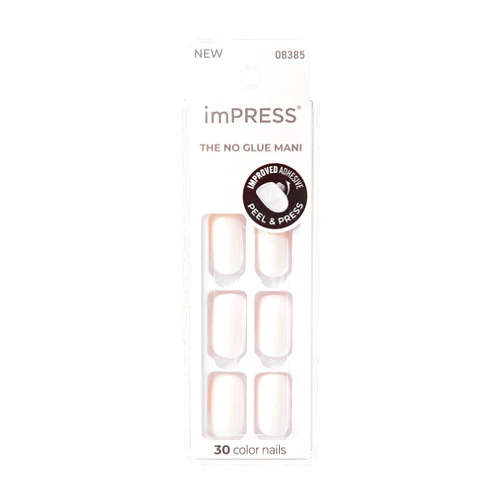 KISS imPRESS No Glue Mani 30 Pcs Press On Nails, Medium Squoval Design Nail, Solid Pure White Print, Simple Peel & Press Easy Apply, Hassel-Free Removal, Essential Tools Included