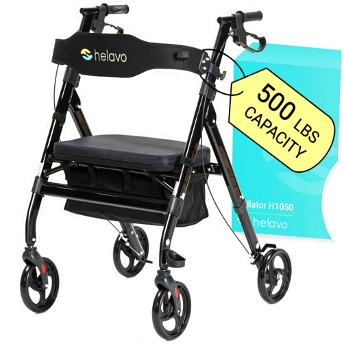 Helavo Bariatric Walker with Large, Height-Adjustable Seat, 500 lbs Weight Capacity, All Terrain 8-inch Wheels, 28-inch Wide - Extra Wide Heavy Duty Rollator for Seniors