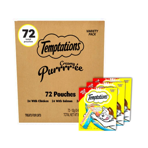 Temptations Creamy Puree with Chicken, Salmon, and Tuna Squeezable Lickable Wet Cat Treat Variety Pack, 0.42 oz. Tubes, 3 Packs of 24 (72 Total)