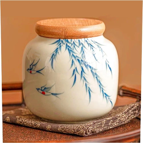 HUADAO Rural Ceramic Loose Tea Canister with Airtight Bamboo Lid, Tree Leaves and Birds Pattern, Retro Porcelain Tea Can Tins Small Kitchen Containers Blue for Coffee, Herbs and Spices