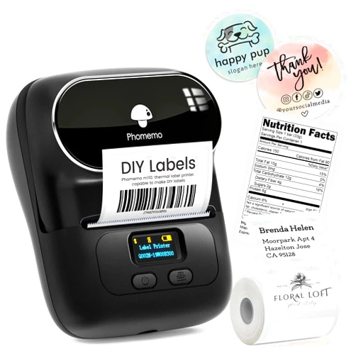 Phomemo Thermal Label Maker, Barcode Printer, M110 Upgraded Label Printer Bluetooth No Ink Portable, for Small Business, Address, Office, Home for Phone; for PC/Mac(USB), with 100 Labels, Ebony Black
