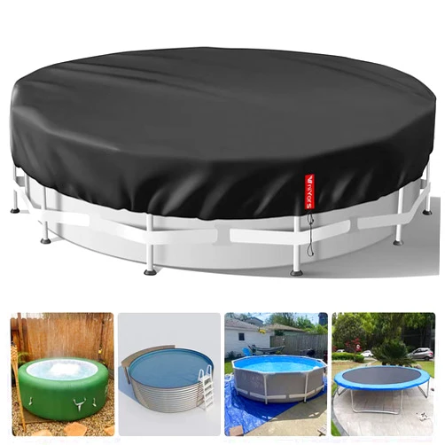 VniYors 12 Ft Round Pool Cover, Hot Tub Cover, Solar Pool Covers for Above Ground Pools, Heavy-Duty Waterproof Dustproof Pool Solar Cover with Drawstring and Ground Nails（Black）