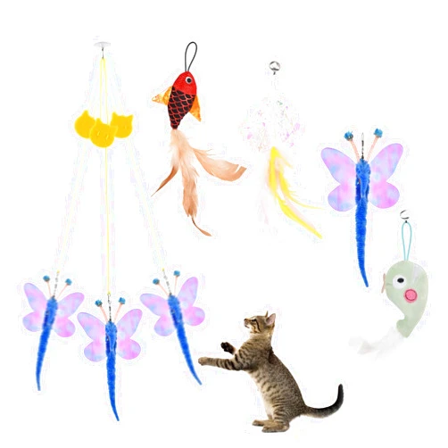 TUSATIY Hanging Door Cat Toys, Interactive Cat Toys with Retractable Elastic Rope & 4Pcs Replacements Cat Teaser Refills Crinkle Paper/Catnip/Fish/Feather Cat Toy for Indoor Cats Kitten Self-Play