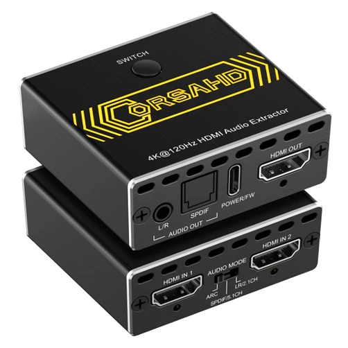 CORSAHD 8K@60Hz 4K@120Hz HDMI2.1 Audio Extractor 2 in 1 Out Switch,48 Gbps,HDCP 2.3, SPDIF 5.1Ch,L/R 2.1Ch,Supports,ARC TV Apps,VRR,ALLM,HDCP Bypass,HDR,Dolby Vision Atmos,Soundbar,Graphics Card
