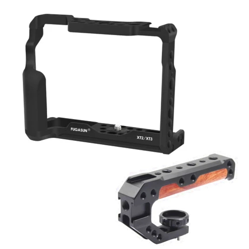FUGASUN XT2 Camera Cage XT3 Camera Cage with Wooden Camera Top Handle with 3 Cold Shoes to Mount DSLR Camera