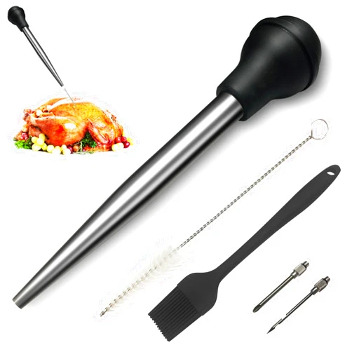 Auzeuner Turkey Baster for Cooking, Turkey Baster Large, Stainless Steel Turkey Baster Syringe, with 2 Marinade Injector Needles and Brush for Cooking, Black
