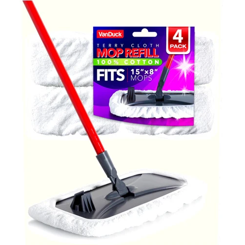 VanDuck 100% Cotton Pad Terry Cloth Mop Refills 15x8 inch (4-Pack)