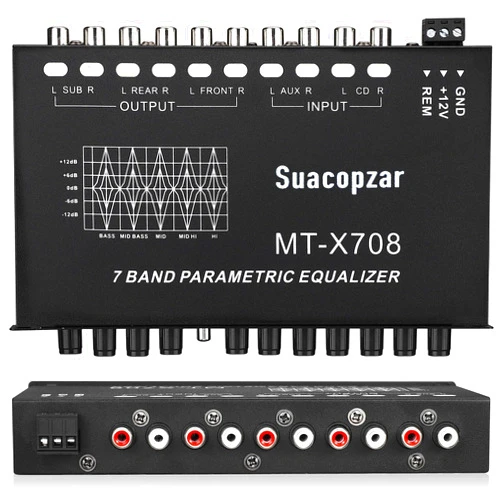Suacopzar 7-Band Car Audio Equalizer W/Front, Rear + Sub Output, Adjustable 7 Bands EQ Car Amplifier Graphic Equalizer W/CD/AUX in Select Switch, Audio Output for Car Boat RV RTV Motorcycle-Suacopzar
