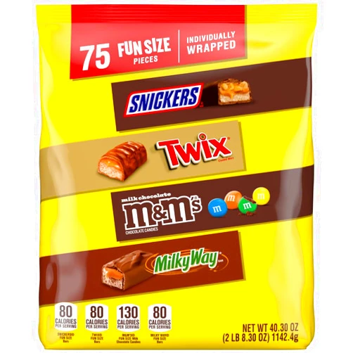 Mars SNICKERS, M&M'S Milk Chocolate, MILKY WAY & TWIX Fun Size Chocolate Candy Variety Pack, 75 Ct Bulk Bag