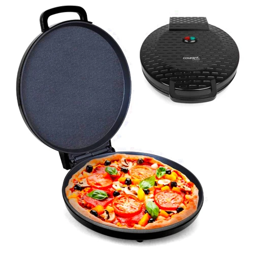 Courant Pizza Maker 12 inch Pizzas Machine, Newly improved Cool-touch Handle Non-Stick plates Pizza oven & Calzone Maker, Electric Countertop Oven for Home or School, 12” Indoor Grill/Griddle, Black