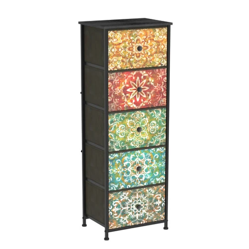 GiftGo Retro Dresser with Fabric Drawers Boho Mandala Flower Chest of Drawers Narrow Storage Tower for Small Spaces Gaps Bedroom Beautiful Nightstand Living Room Table (Mandala, 5 Drawers)