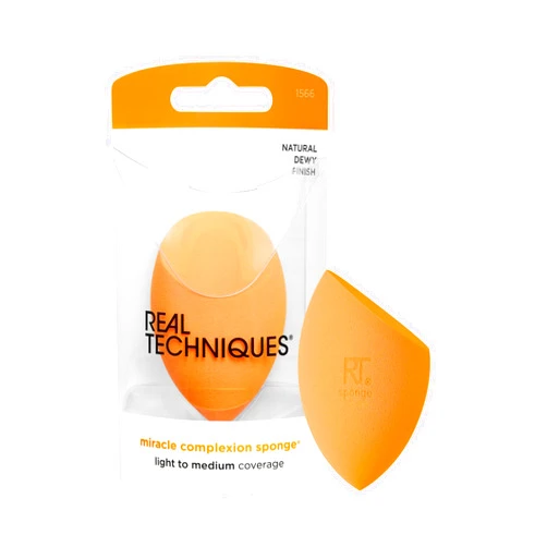 Real Techniques Miracle Complexion Sponge, Makeup Blending Sponge, For Liquid & Cream Foundation, Offers Light To Medium Coverage, Natural, Dewy Makeup, Orange Sponge, Latex-Free Foam, 1 Count