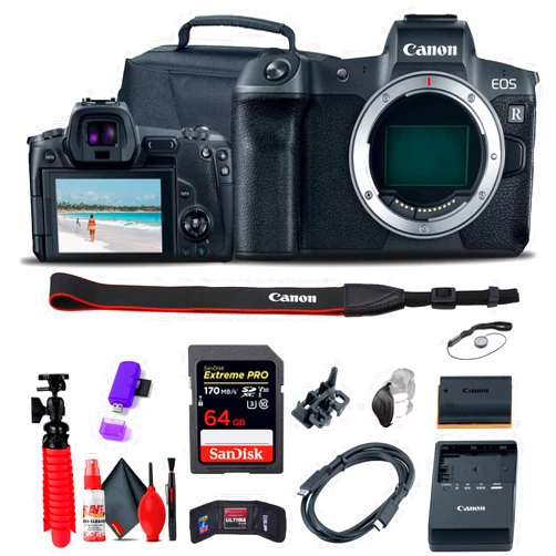 Canon EOS R Mirrorless Digital Camera (Body Only) (3075C002) + 64GB Memory Card + Case + Card Reader + Flex Tripod + Hand Strap + Cap Keeper + Memory Wallet + Cleaning Kit (Renewed)