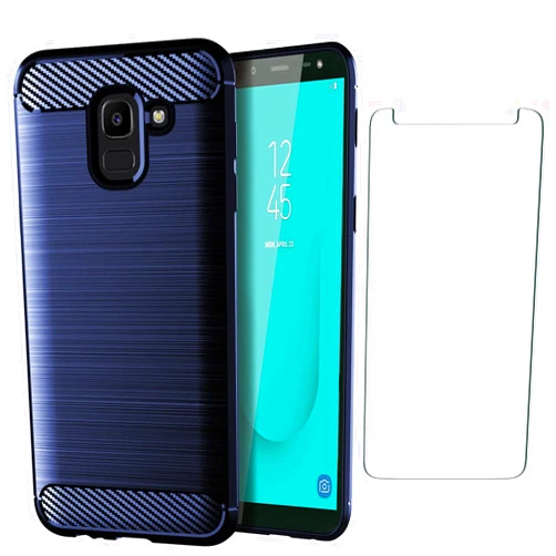 Asuwish Compatible with Samsung Galaxy J6 2018 Case and Tempered Glass Screen Protector Cell Accessories TPU Protective Phone Cover for Gaxaly On6 SM J600 J600G J600F Carbon Fiber Women Men Dark Blue