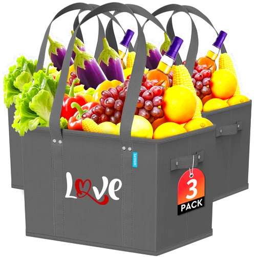 WISELIFE Reusable Grocery Bags Heavy Duty Foldable Shopping Tote Bags with Handles & Reinforced Bottom to Stand Up Stay Open 3 Pack