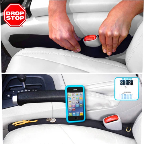 Drop Stop - The Original Patented Car Seat Gap Filler (As Seen On Shark Tank) - Between Seats Console Organizer, Set of 2 and Slide Free Pad and Light