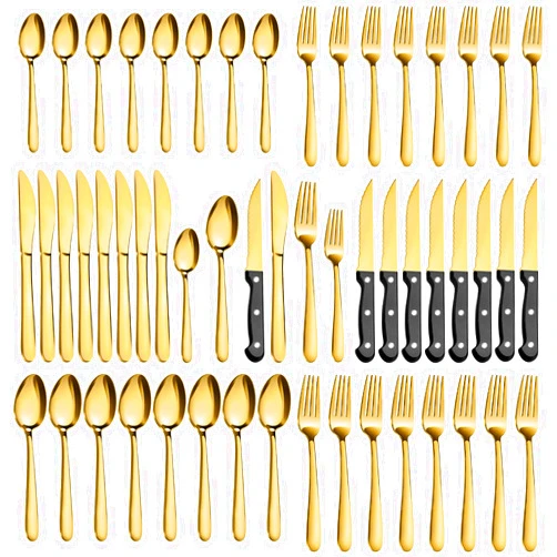 Pleafind 48-Pieces Gold Silverware Sets for 8, Flatware Set with Steak Knives, Stainless Steel Cutlery Set, Include Forks Spoons and Knives Set, Dishwasher Safe Utensil Sets for Home Restaurant