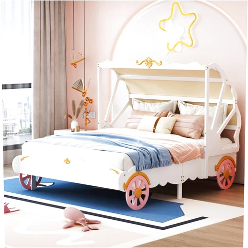 NCKMYB Full Size Princess Bed with Headboard, Kids Car Bed with Canopy and Wheels, Princess Carriage Bed for Girl, White
