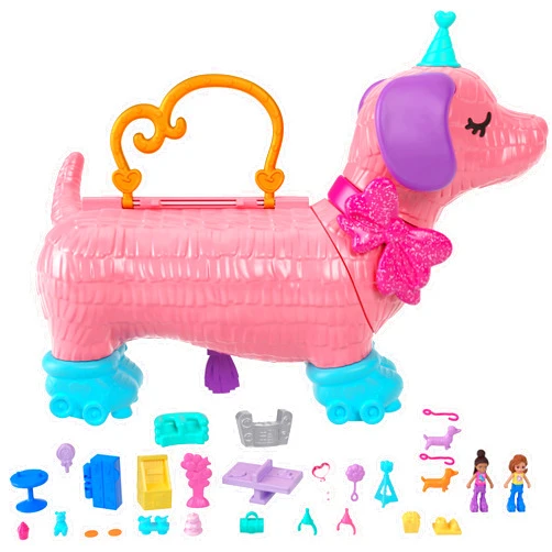Polly Pocket Compact Playset, Puppy Party with 2 Micro Dolls & 26 Accessories, Roller Rink Birthday, Animal-Shaped Case