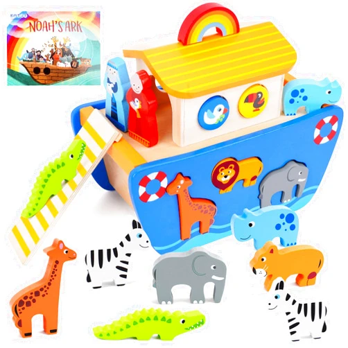 KMTJT Toddlers Wooden Noah's Ark Toy Animal Playset, Baptism Gifts for 1 2 3 Boys Girls, Shape Sorter Early Learning Montessori Toys with Bible Story Book for 12 18 24 Months Babies